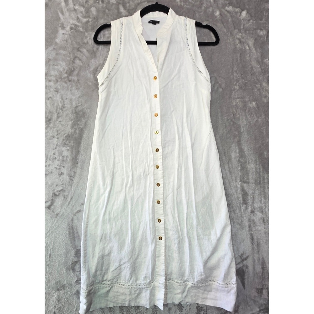Ann Taylor White Linen Blend Sleeveless Button Front Lace Trim Midi Dress 2P